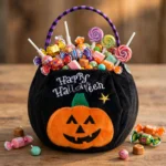 Black pumpkin Halloween bag filled with colourful wrapped sweets