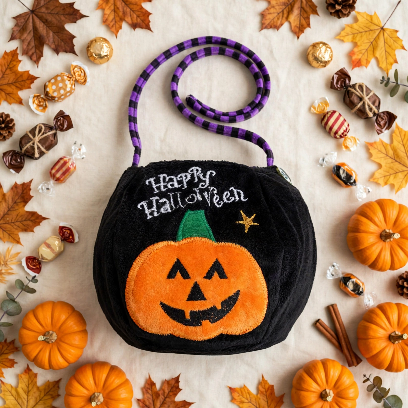 Flat lay of the black pumpkin Halloween bag with sweets