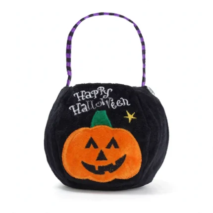 Black fabric pumpkin Halloween trick or treat bag with orange jack-o-lantern face, front view