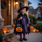 Child in costume holding the black pumpkin trick or treat bag
