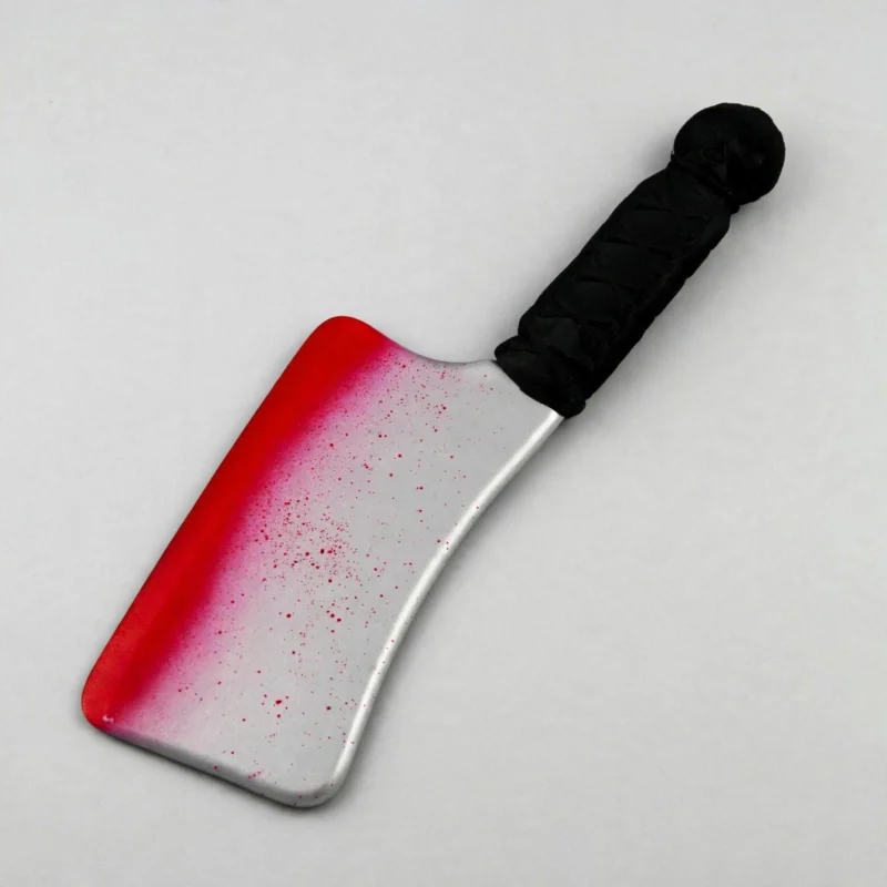 Blooded cleaver Halloween prop at three-quarter angle showing blade and handle