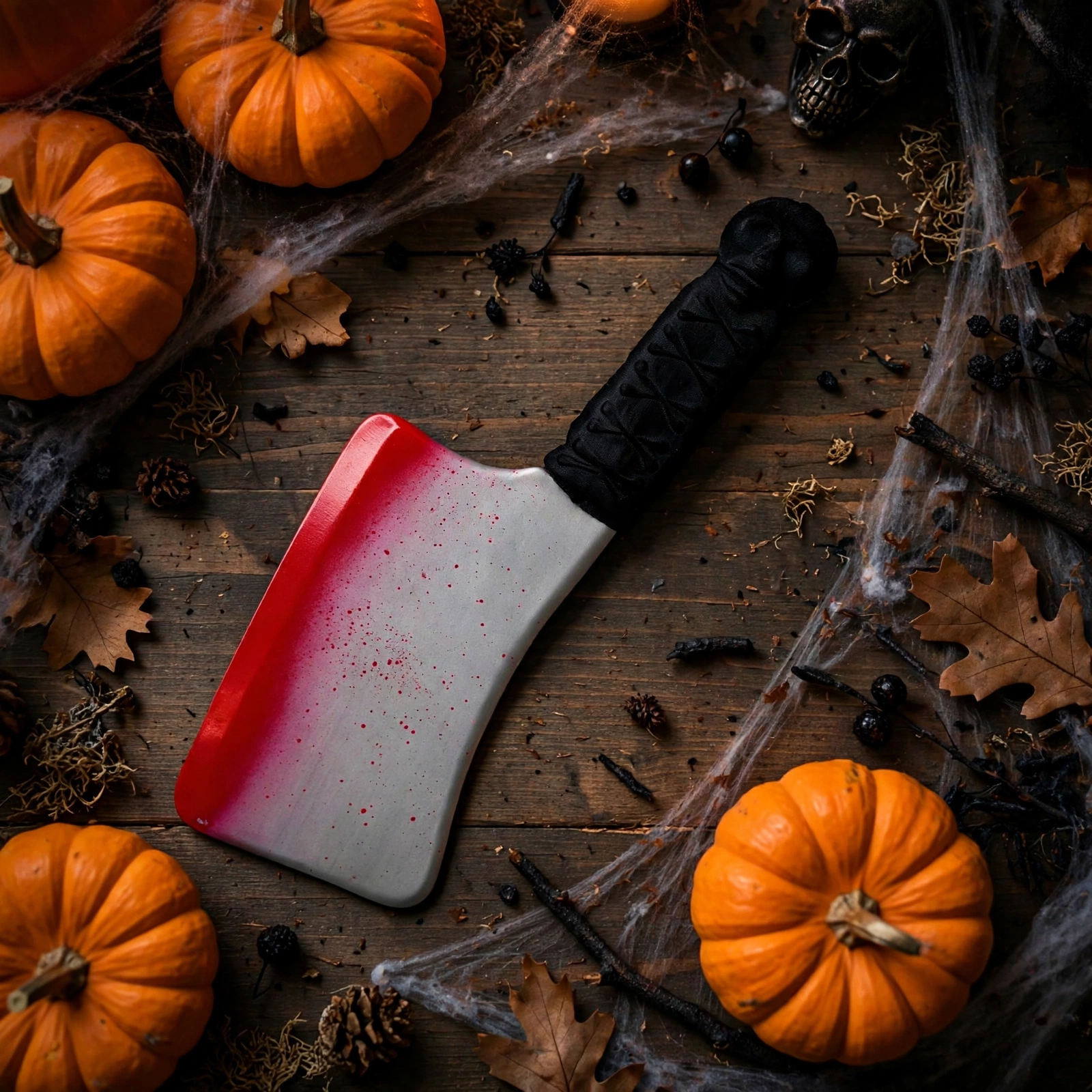 Blooded cleaver Halloween prop styled with spooky decorations