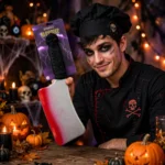 Person in evil butcher Halloween costume holding the blooded cleaver prop