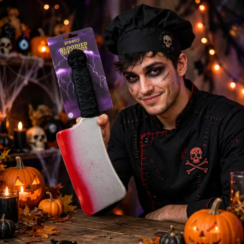 Person in evil butcher Halloween costume holding the blooded cleaver prop