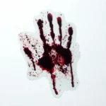 Close-up of a bloody handprint decal showing splatter detail