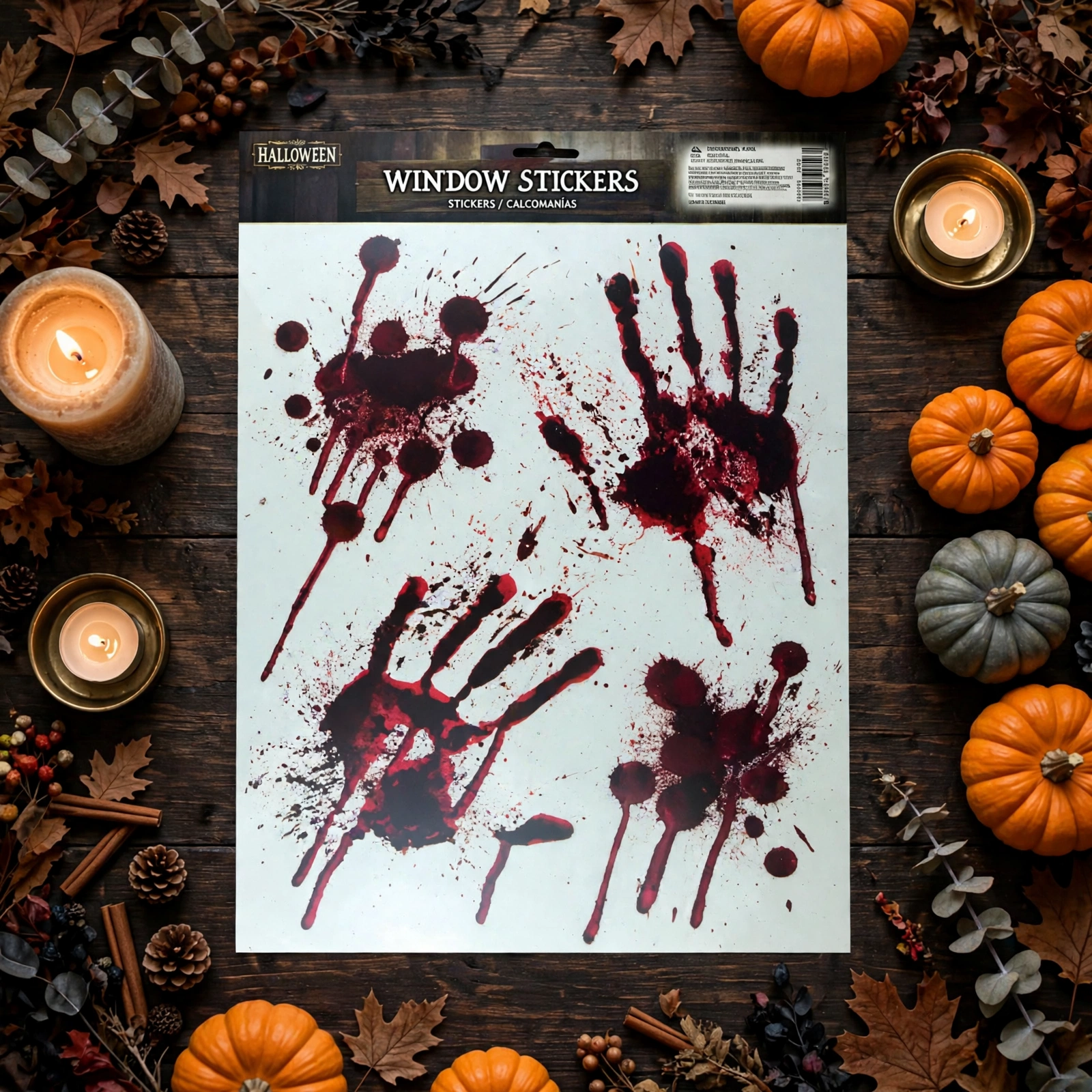 Bloody hand window sticker sheet styled with Halloween decorations