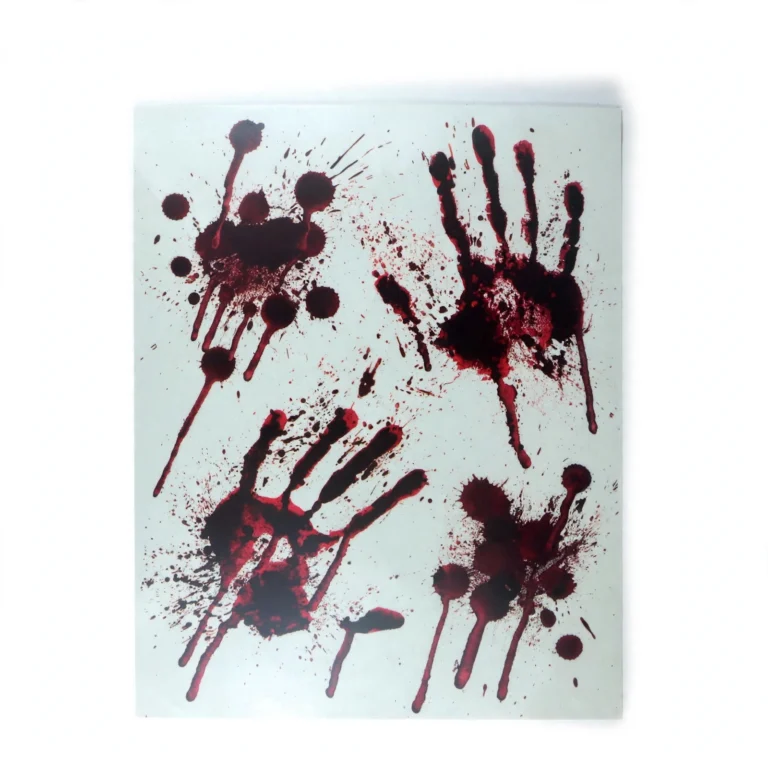 Bloody hand window sticker sheet with blood-red handprints, front view