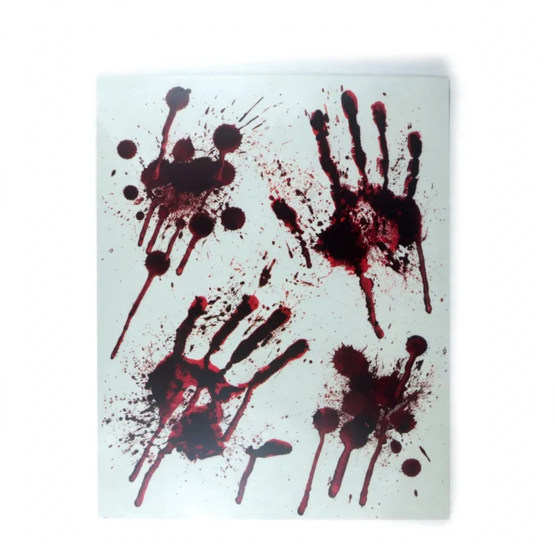 Bloody hand window sticker sheet with blood-red handprints, front view