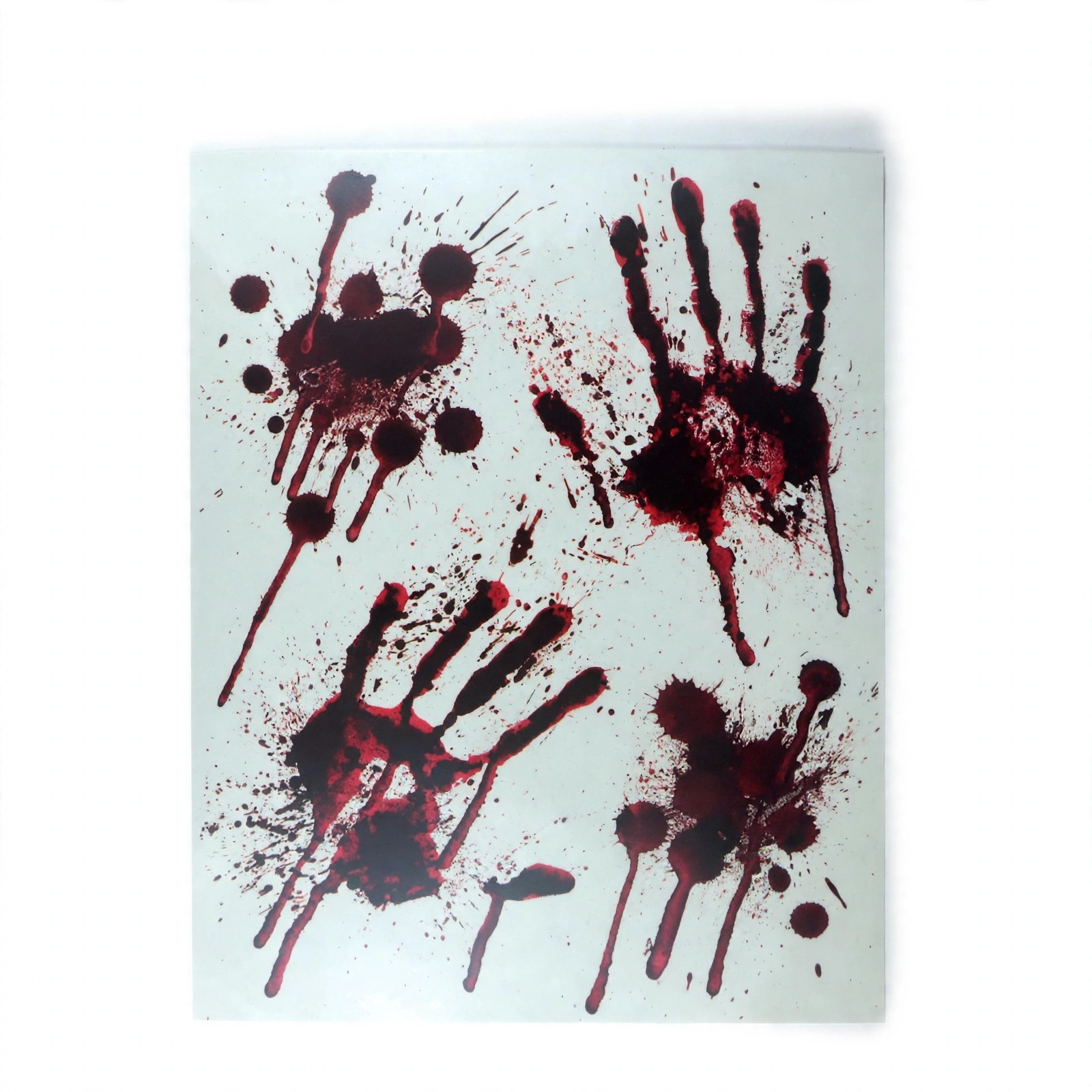Bloody Hand Window Stickers Front View Bloody hand window sticker sheet with blood-red handprints, front view