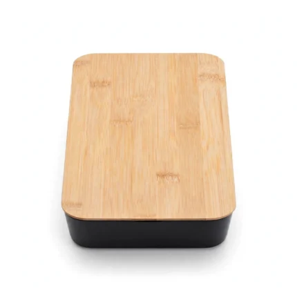 Bamboo cable management box with lid closed hiding power strip and cables