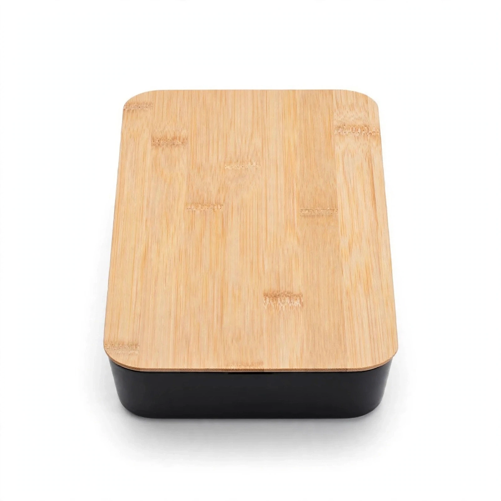 Bamboo cable management box with lid closed hiding power strip and cables