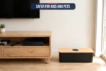 Cable management box kit with bamboo lid beside a neatly organised TV stand