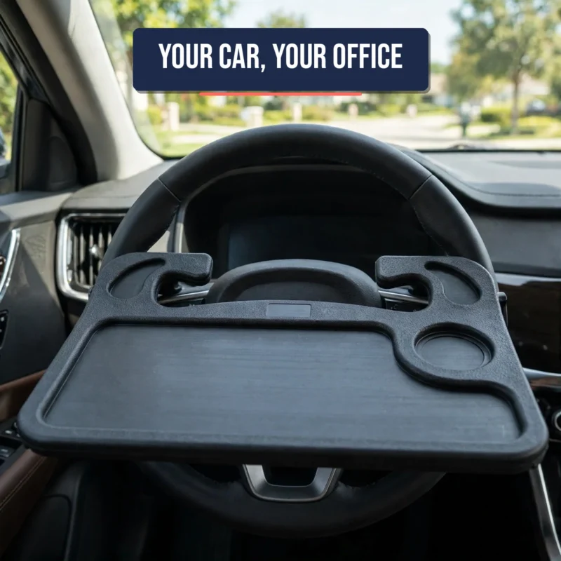 Car steering wheel desk hooked onto a car steering wheel inside a parked car