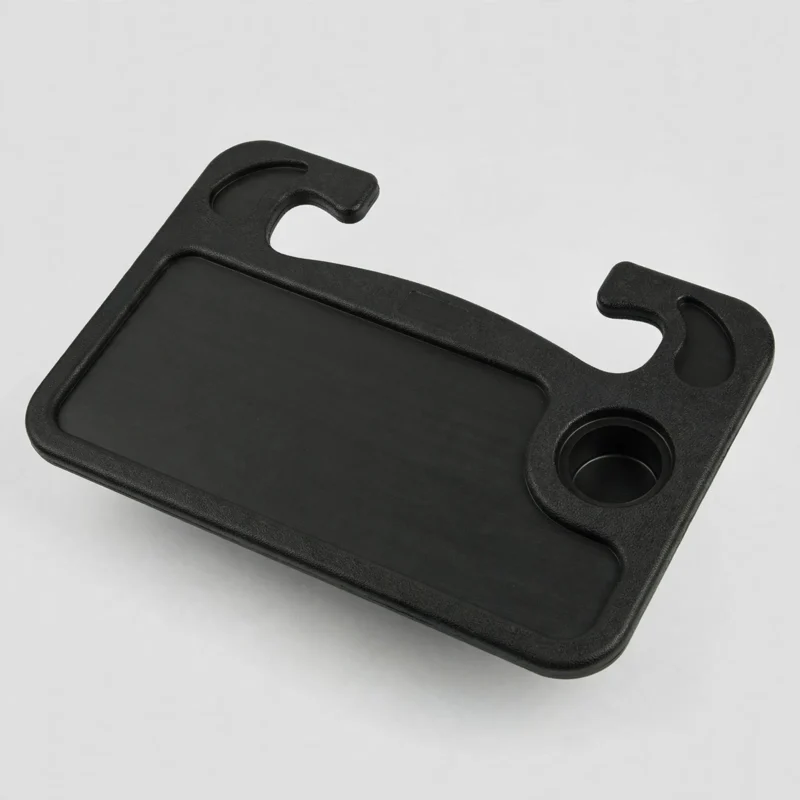 Car steering wheel desk in black ABS, front view showing the laptop tray surface and hook tabs