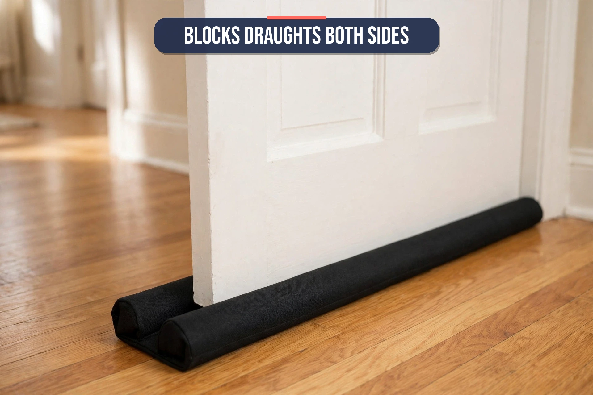 Angled view of the door draught excluder fitted under a door on wooden flooring