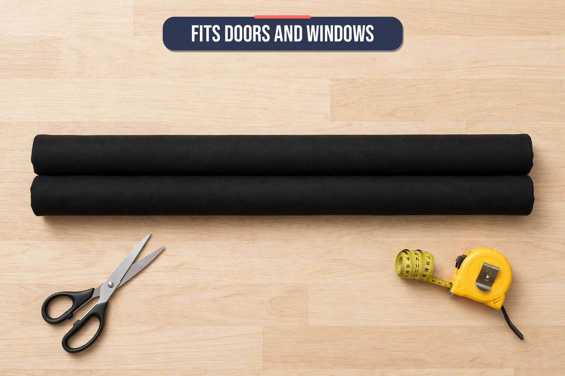 Flat lay of the door draught excluder showing twin tubes, fabric sleeve and trimmed sizing