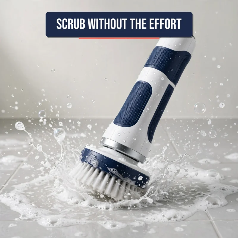 Electric cleaning brush scrubbing bathroom tiles at an angle