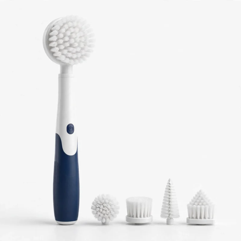 Electric cleaning brush with four interchangeable brush heads, front view