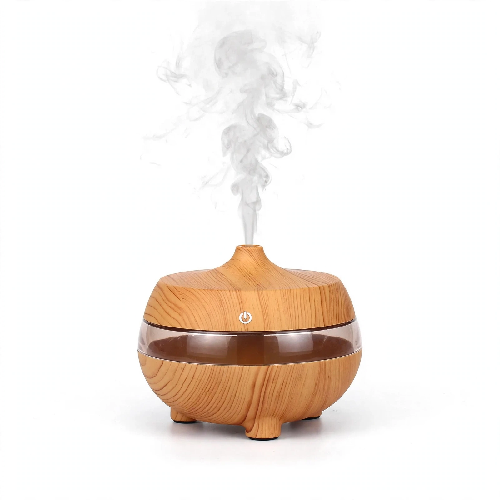 Wood-grain essential oil diffuser with cool mist rising, front view