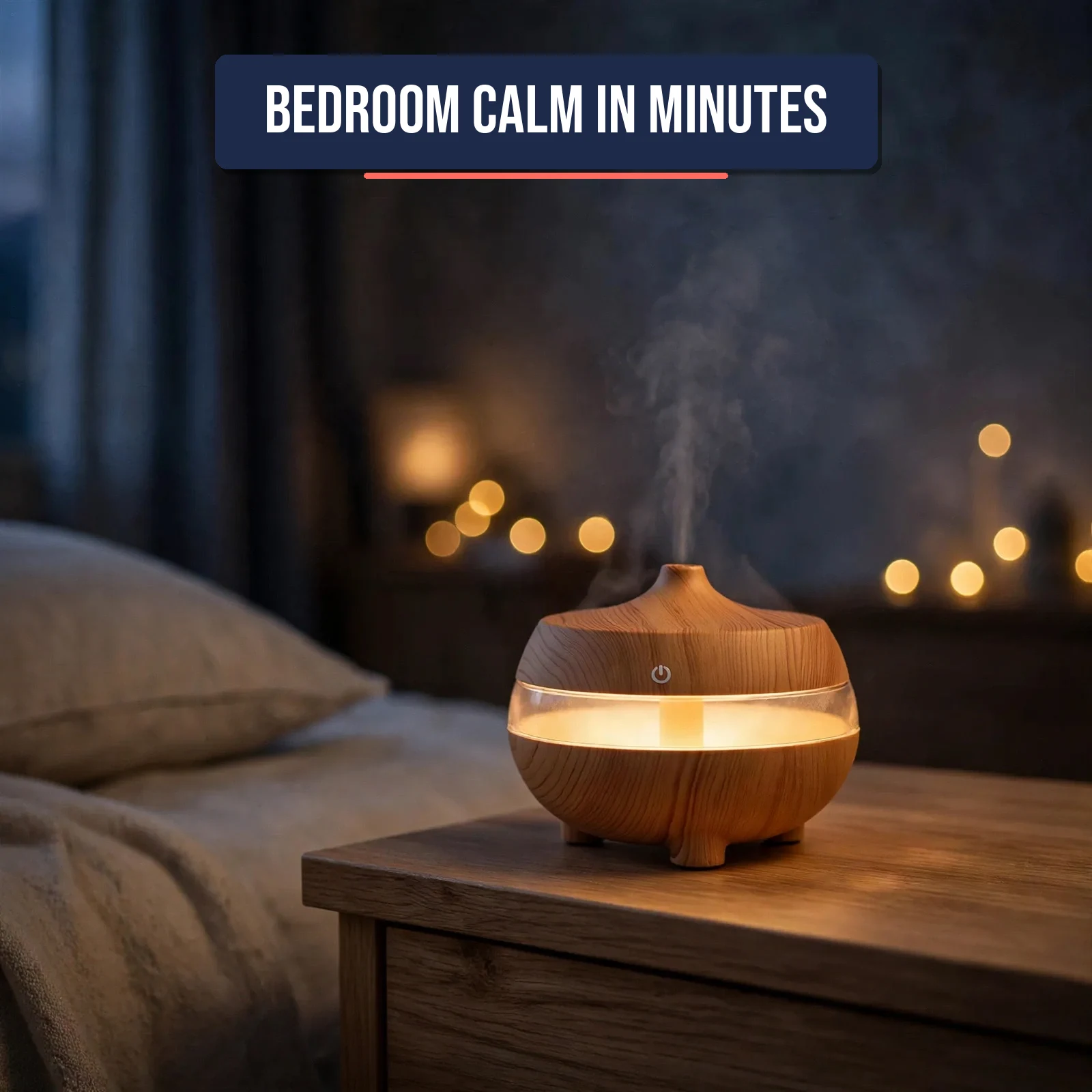 Essential oil diffuser glowing on a bedside table in a cosy bedroom at dusk