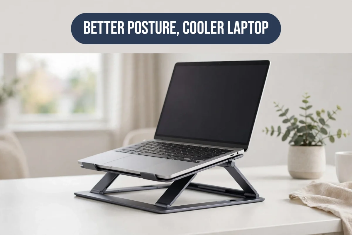 Foldable laptop stand holding an open silver laptop at an ergonomic angle