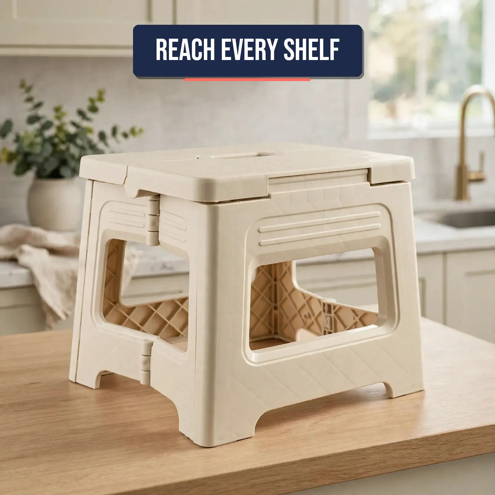 Folding step stool in a bright kitchen at a three-quarter angle