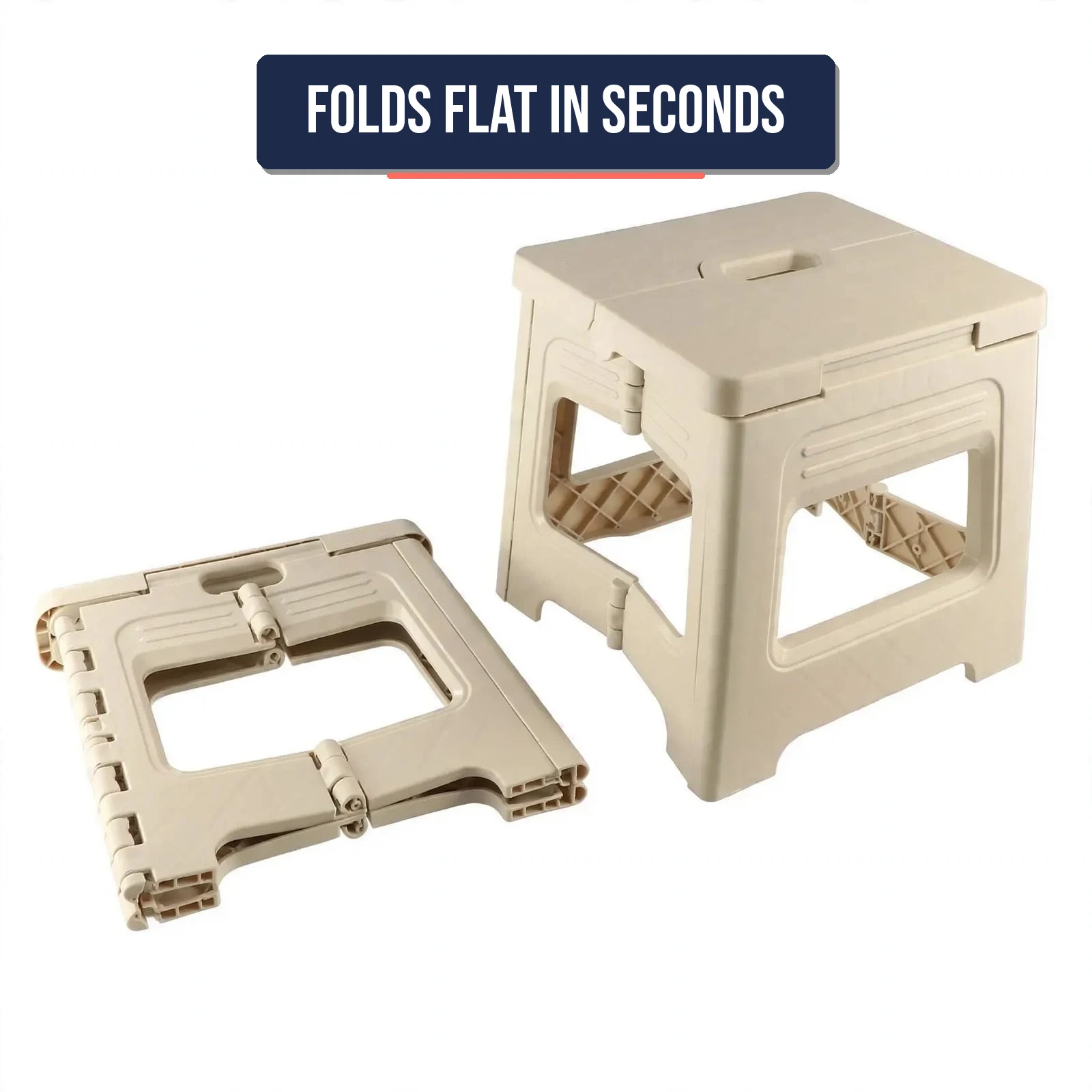 Folding step stool shown folded flat next to its unfolded self