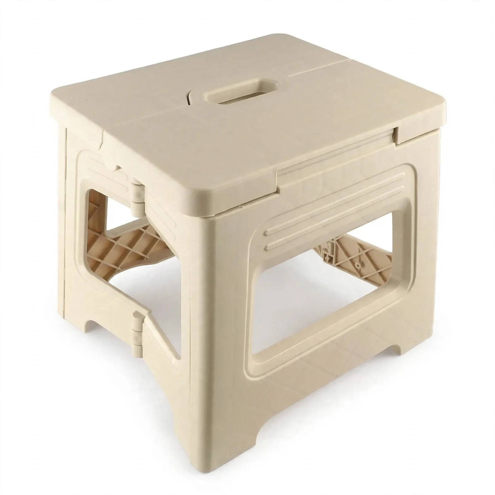 Cream folding step stool with carry handle, front view