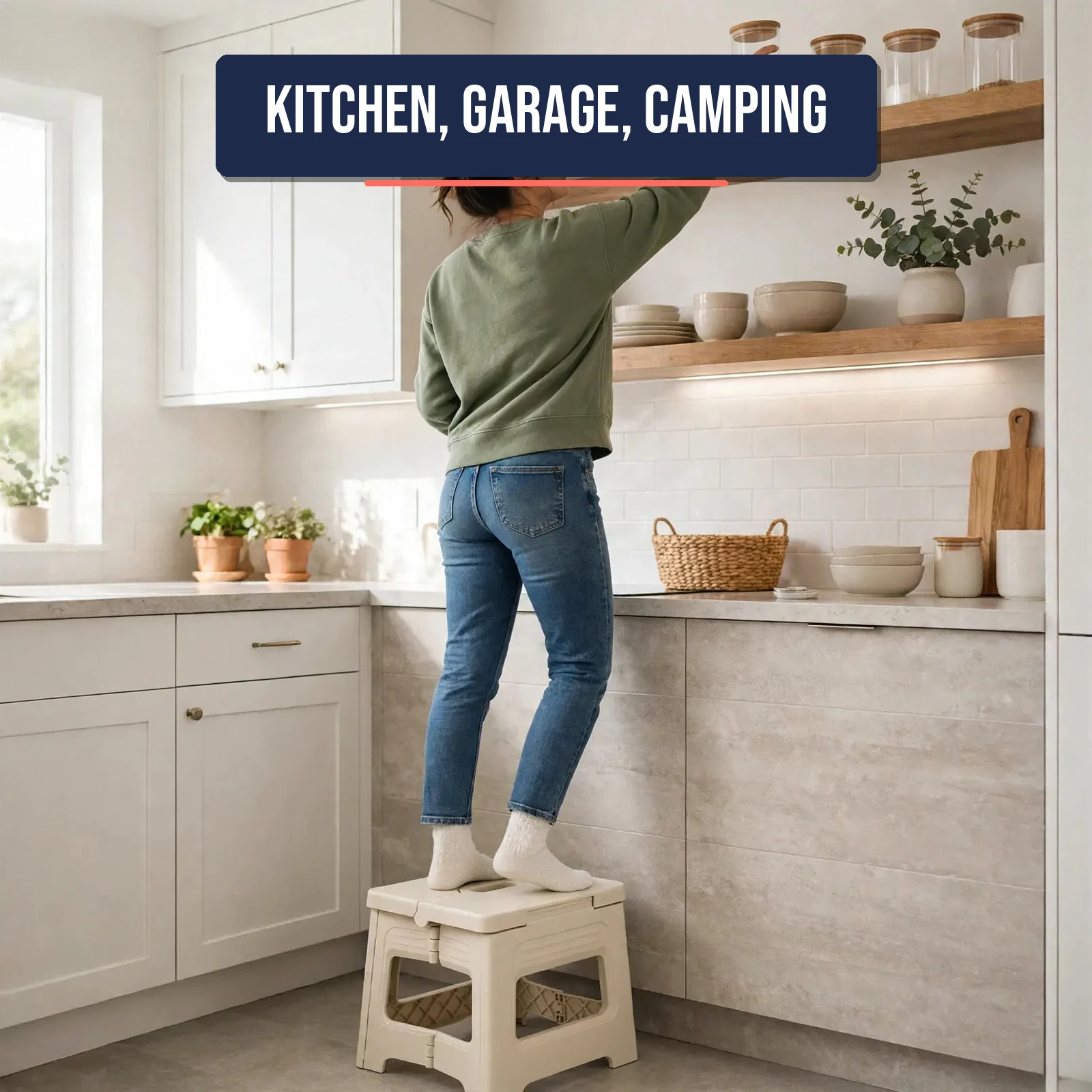 Adult standing on the folding step stool to reach a high kitchen shelf