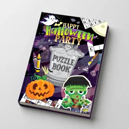 Halloween A6 puzzle book at three-quarter angle showing cover and pages