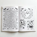 Close-up of a maze and colouring page inside the Halloween puzzle book