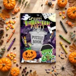 Halloween A6 puzzle book styled with crayons and decorations