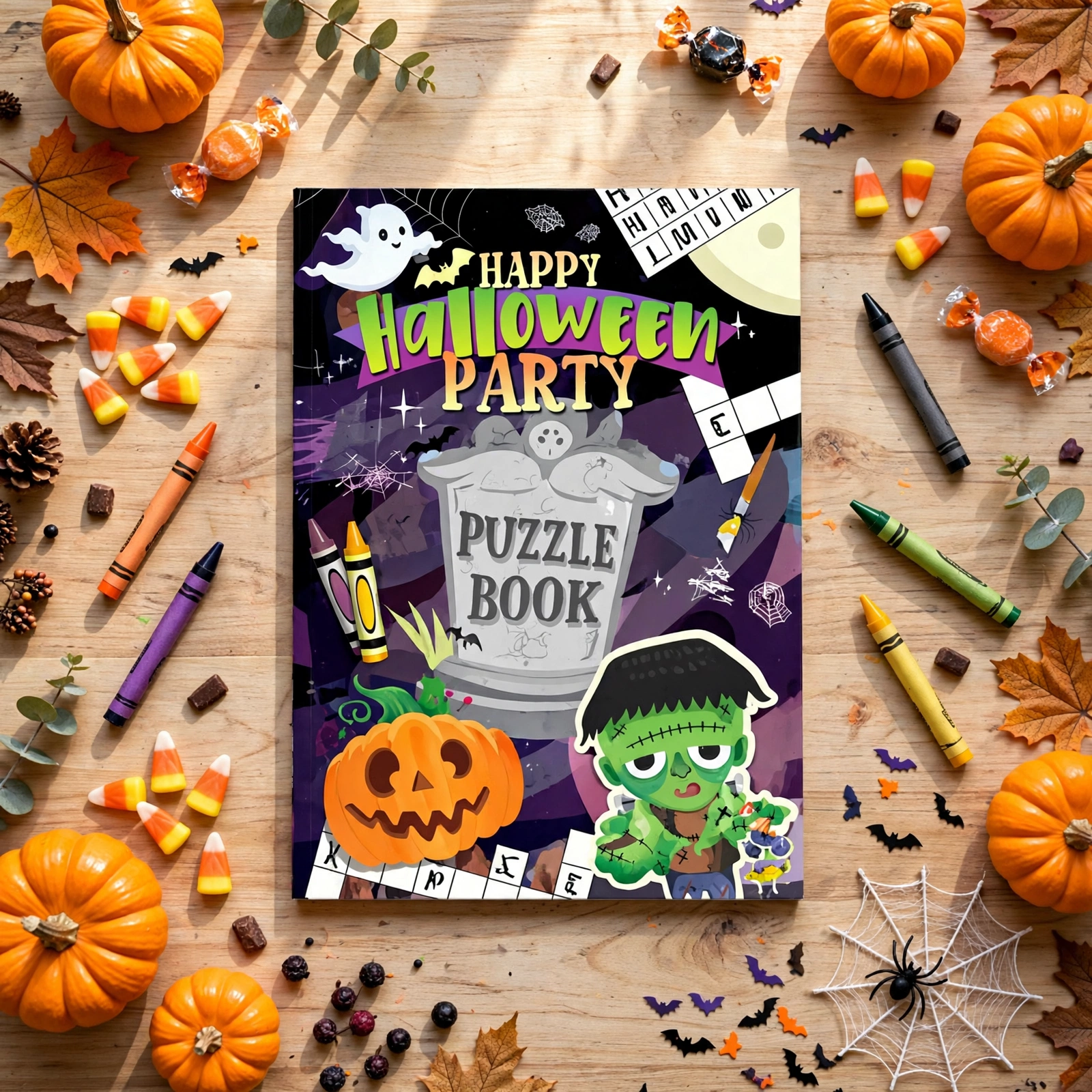 Halloween A6 puzzle book styled with crayons and decorations