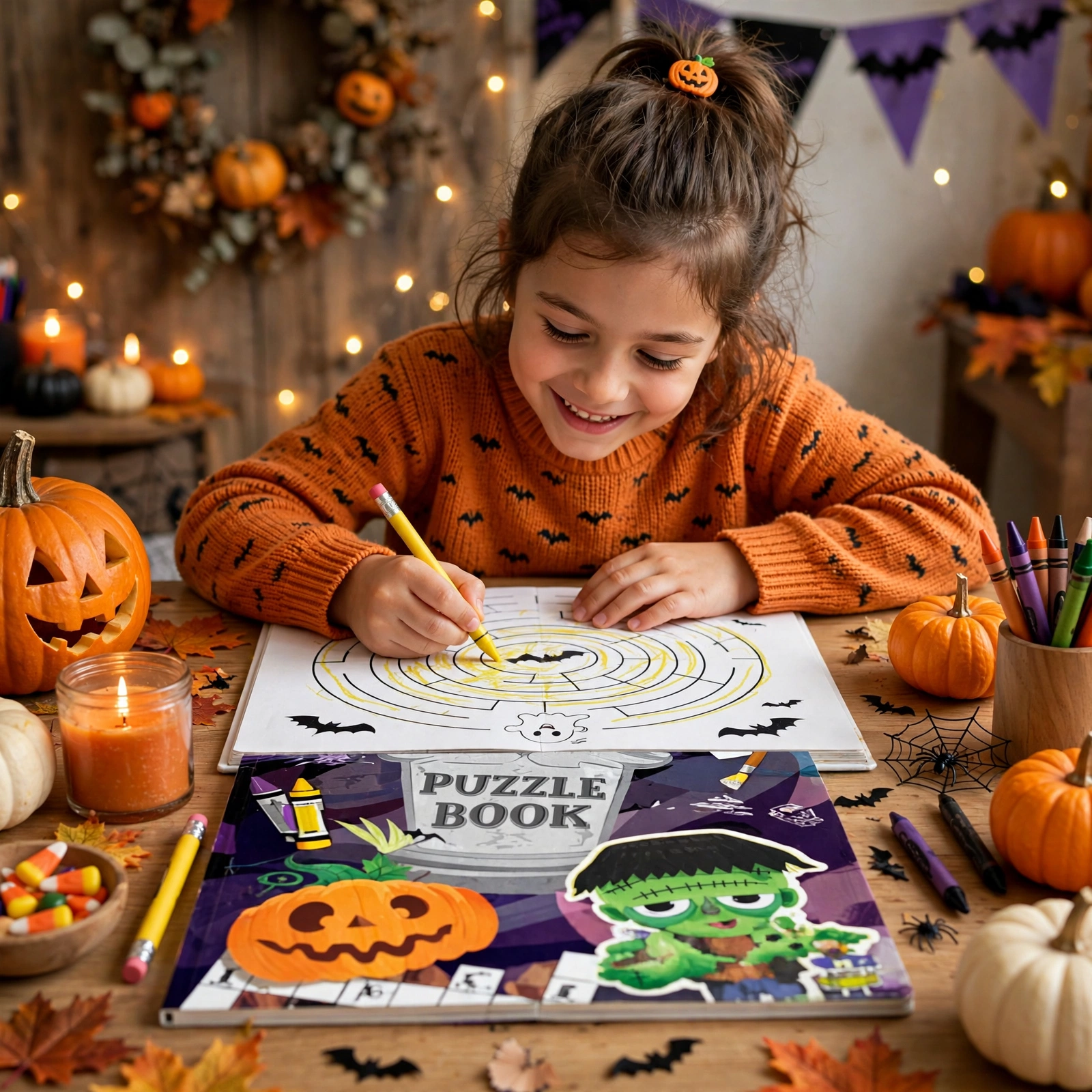 Child solving mazes in the Halloween A6 puzzle book