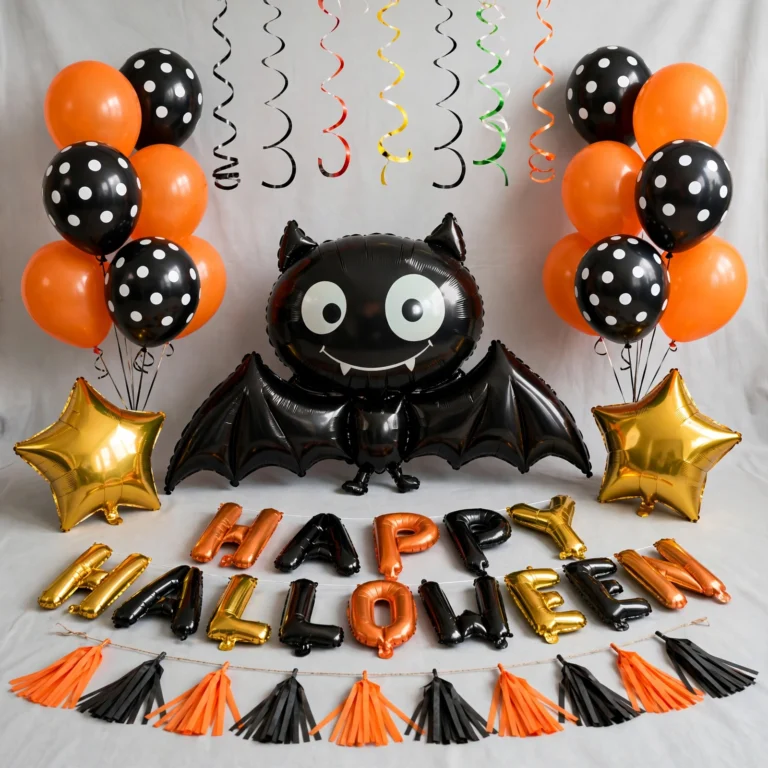 Halloween balloon set with bat and letter balloons, angled view