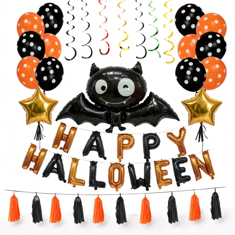 Halloween bat balloon party set with polka dot balloons, front view