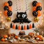 Halloween balloon set styled as a party backdrop with decorations