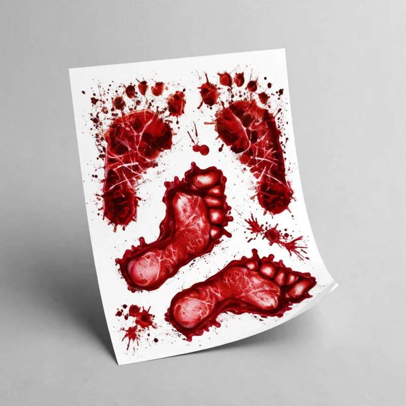 Bloody footprint Halloween decal sheet at three-quarter angle showing detail
