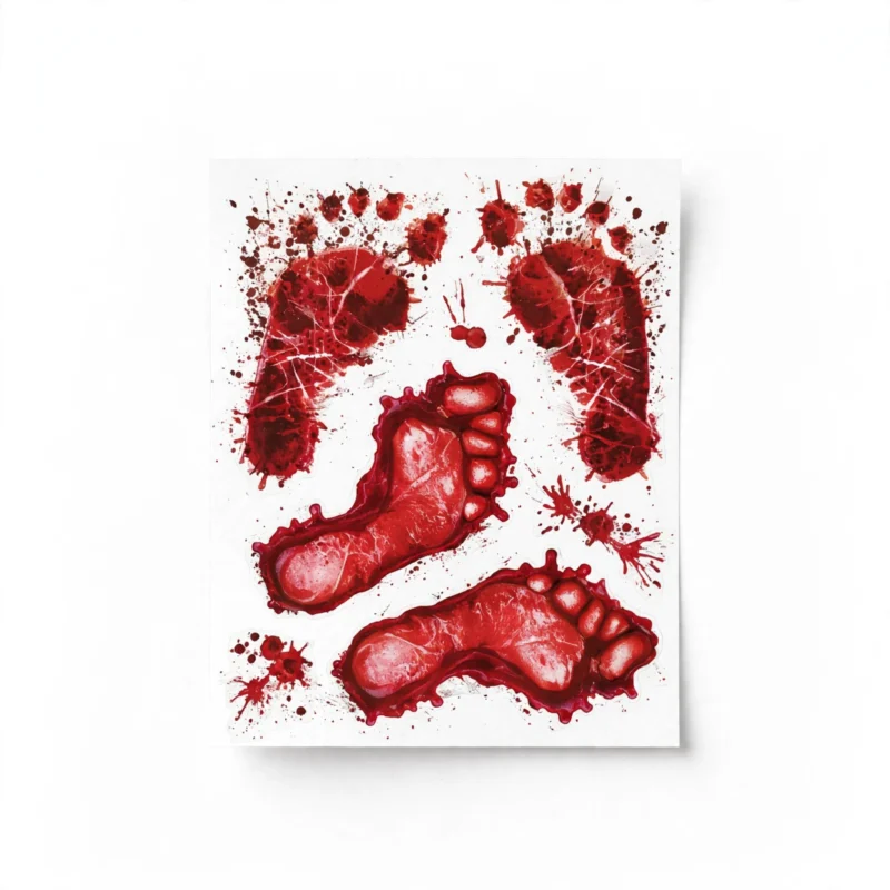 Halloween blood decal sticker sheet with bloody barefoot footprints, front view