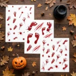 Flat lay of bloody sticker sheets with Halloween decorations