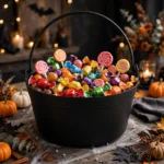 Black cauldron bucket filled with Halloween sweets
