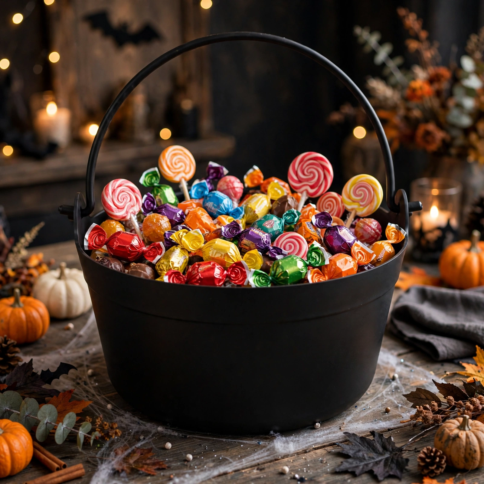 Black cauldron bucket filled with Halloween sweets