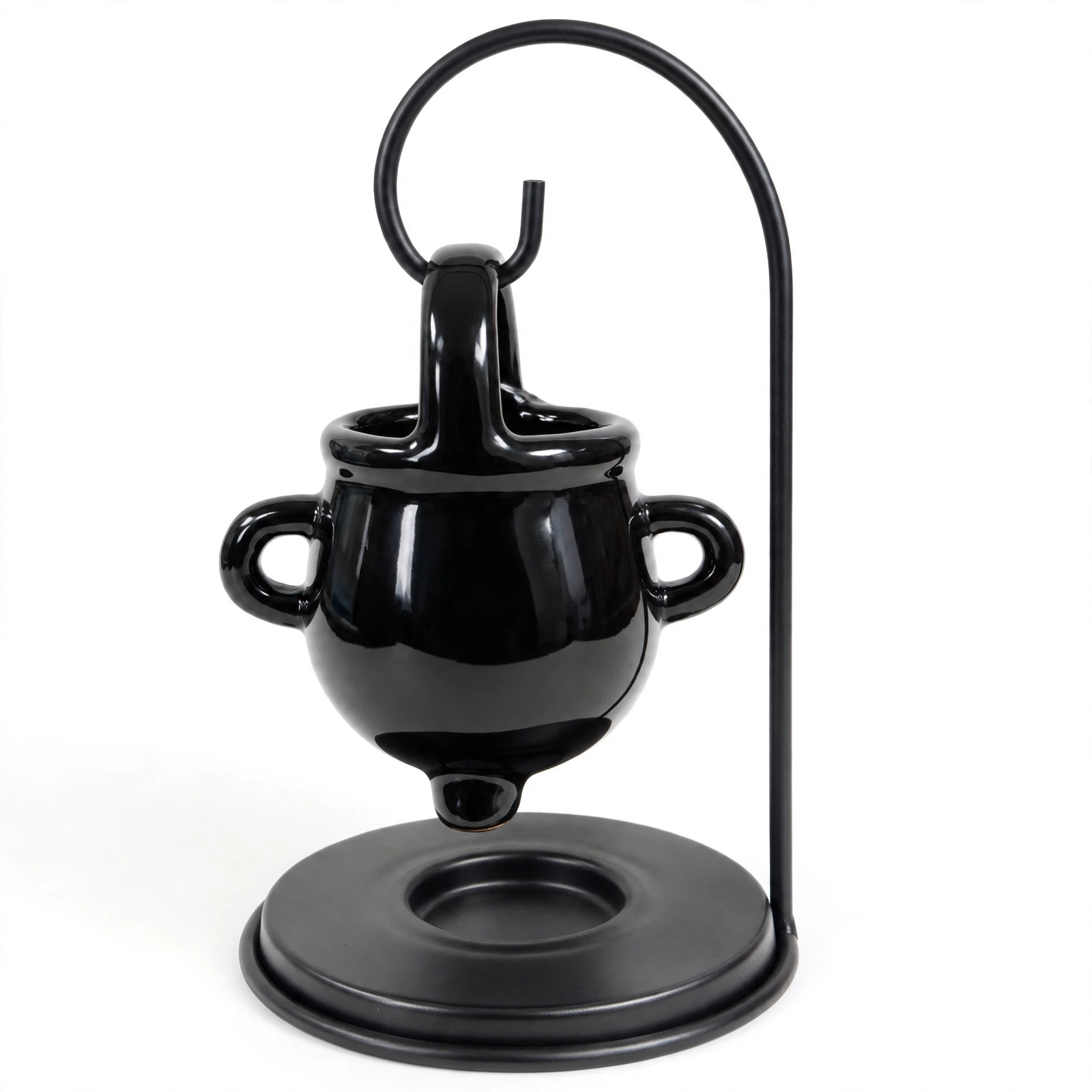 Black Witch Cauldron Oil Burner Front View Black ceramic witch cauldron oil burner hanging on a metal stand, front studio view