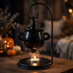 Cauldron oil burner in use with a lit tealight glowing underneath in a cosy room