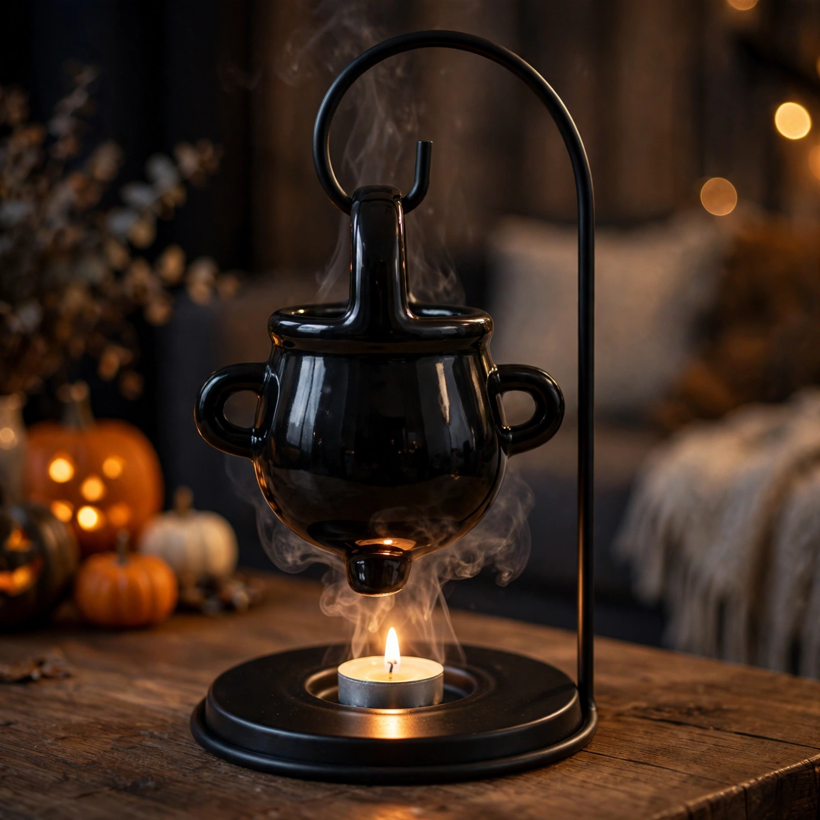 Black cauldron oil burner glowing with a lit tealight in a cosy Halloween living room