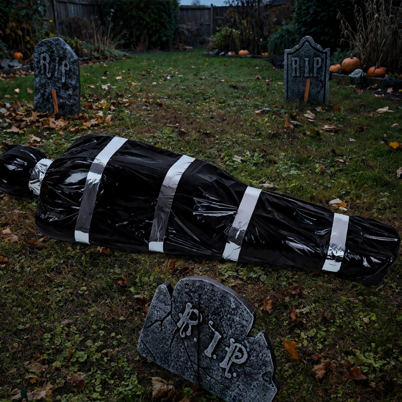 Fake corpse in bag Halloween prop in a garden graveyard scene