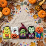 Halloween finger puppets arranged with party decorations flat lay