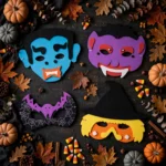 All four colourful Halloween foam masks arranged together