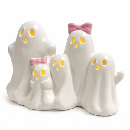Set of 5 ceramic ghost figurines from a three-quarter angle showing depth