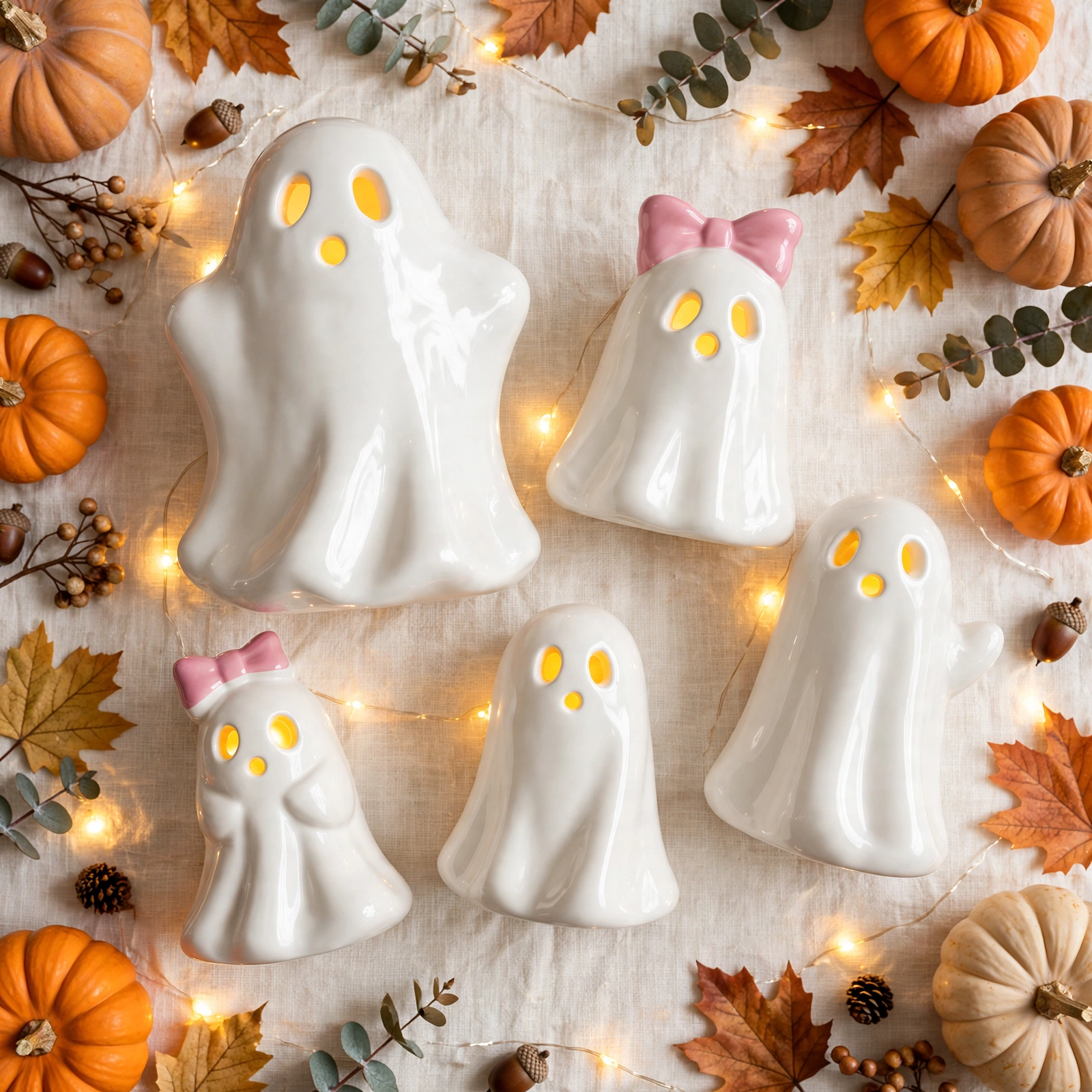 Set of 5 ceramic ghost figurines styled with mini pumpkins and fairy lights